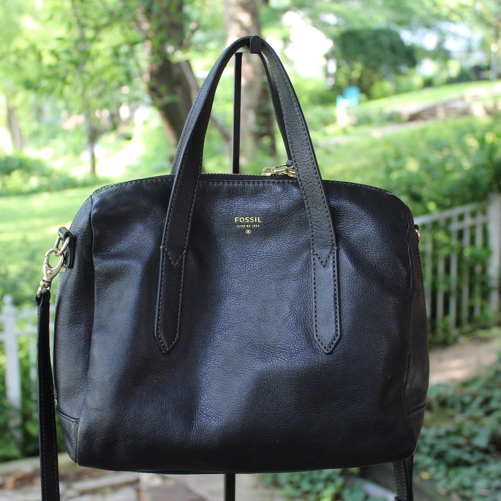 Fossil Black Leather Satchel with Gold Accents
